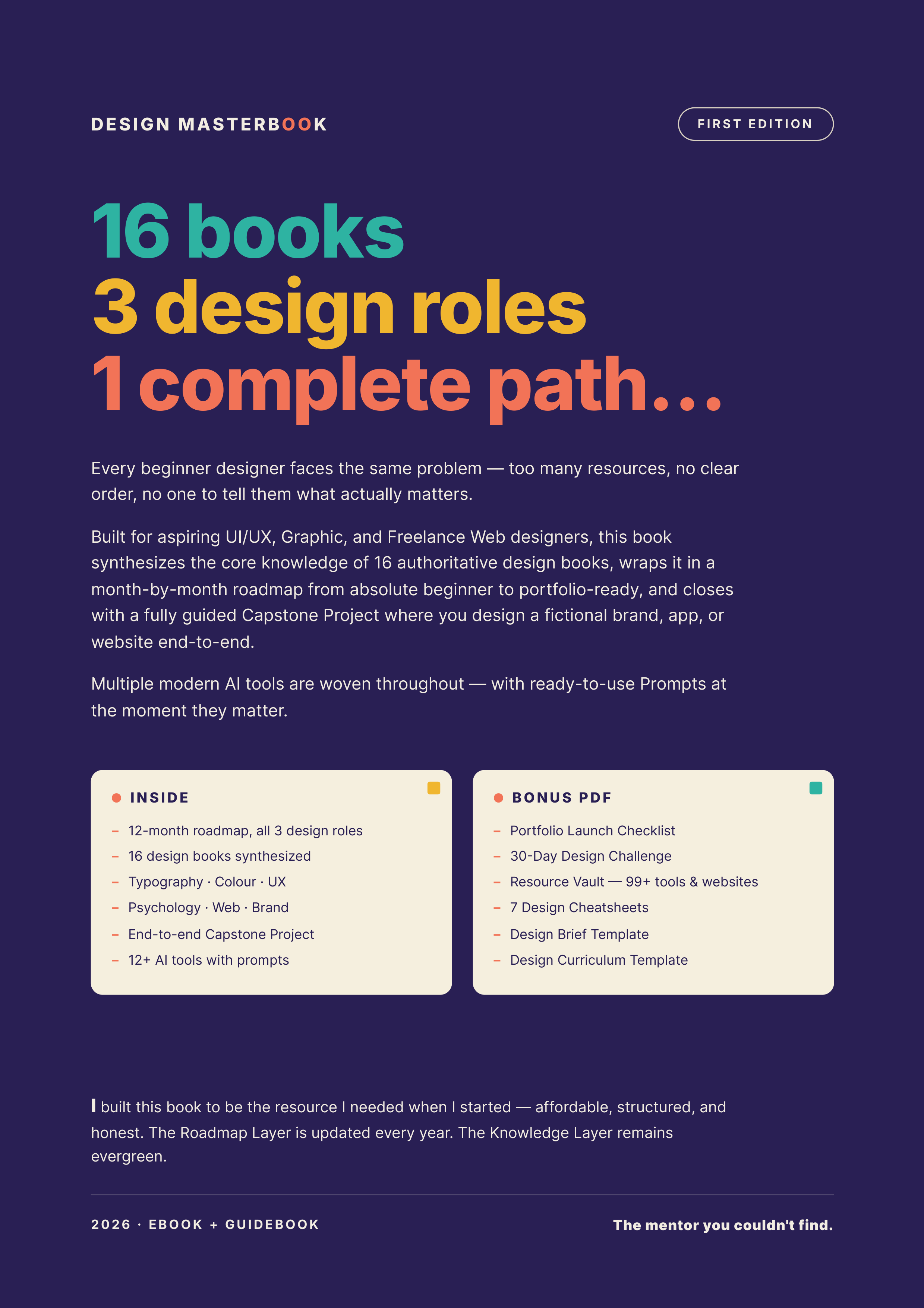 Design Masterbook back cover — '16 books, 3 design roles, 1 complete path' headline with Inside / Bonus PDF detail cards