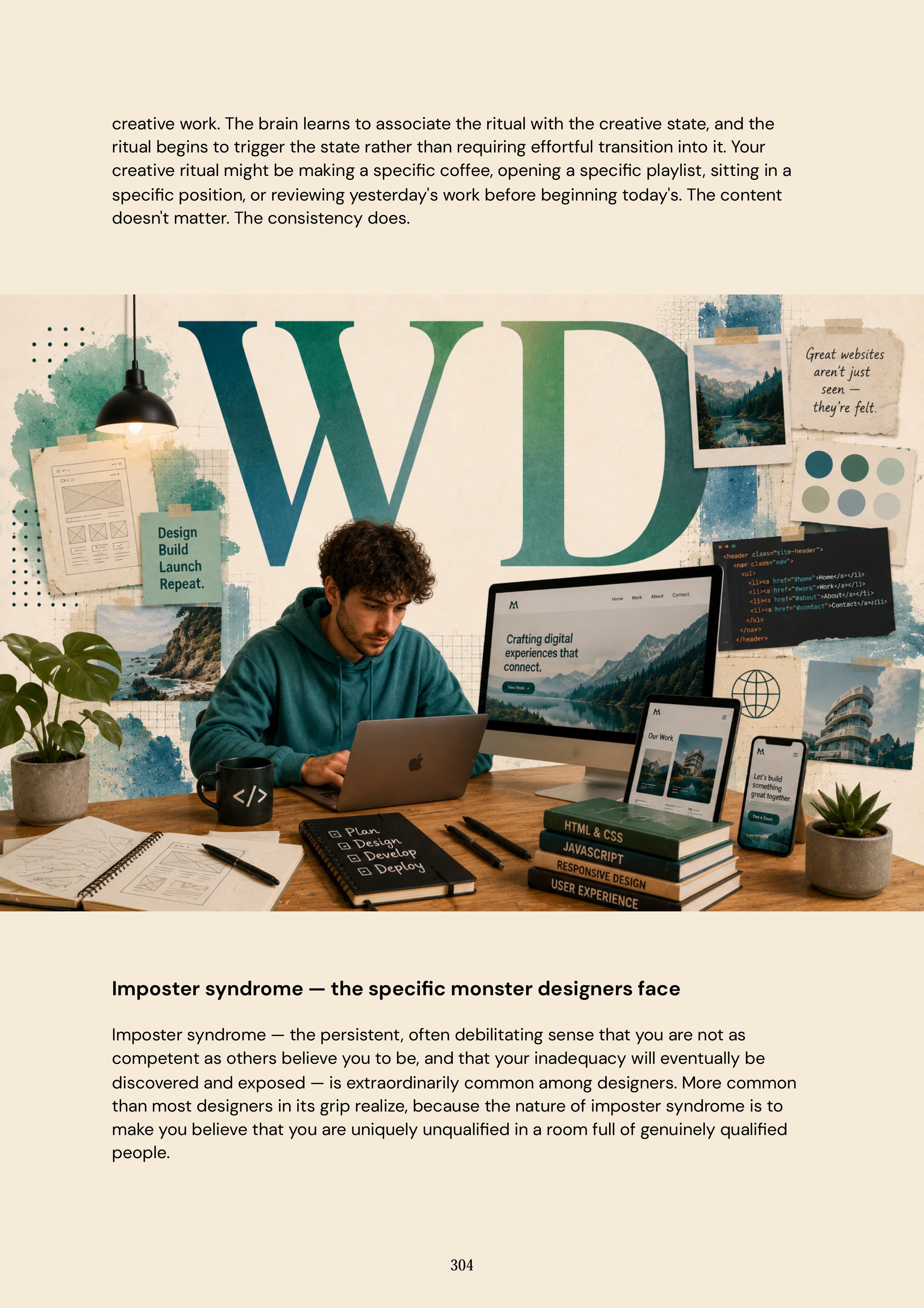 Web Design chapter spread on creative ritual and imposter syndrome