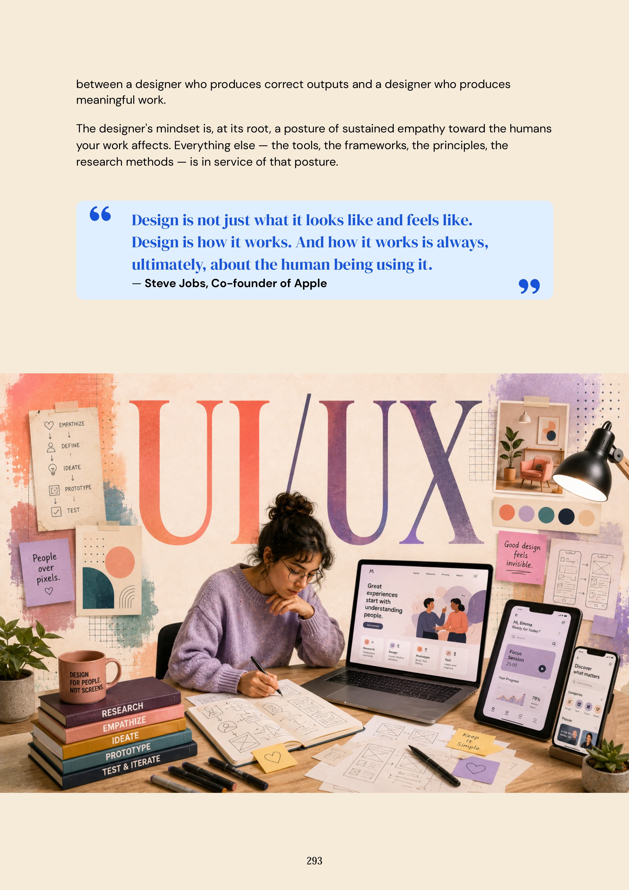 UI/UX chapter spread with a designer at work and a Steve Jobs quote